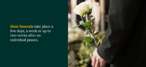 Most funerals take place a few days, a week or up to 2 weeks after an individual passes