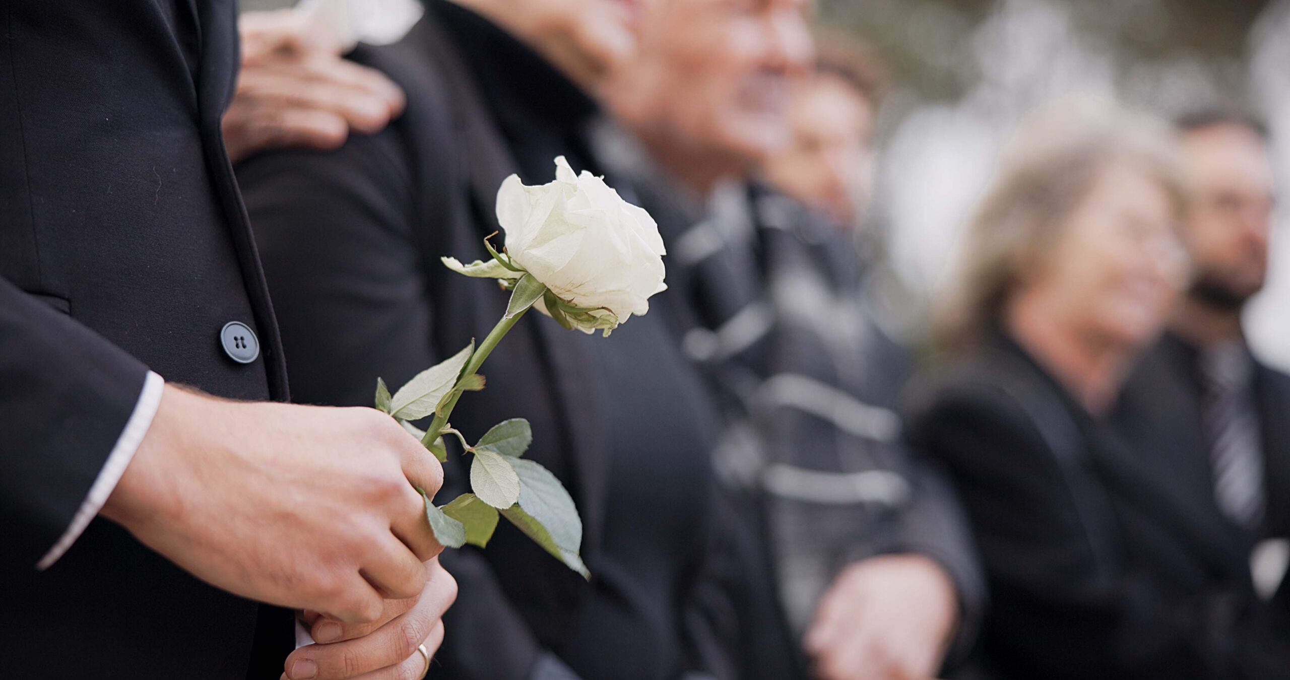 Hands, rose and a person at a funeral in a cemetery in grief while mourning loss at a memorial service. Death, flower and an adult in a suit at a graveyard in a crowd for an outdoor burial closeup Hands, rose and a person at a funeral in a cemetery in grief while mourning loss at a memorial service. Death, flower and an adult in a suit at a graveyard in a crowd for an outdoor burial closeup